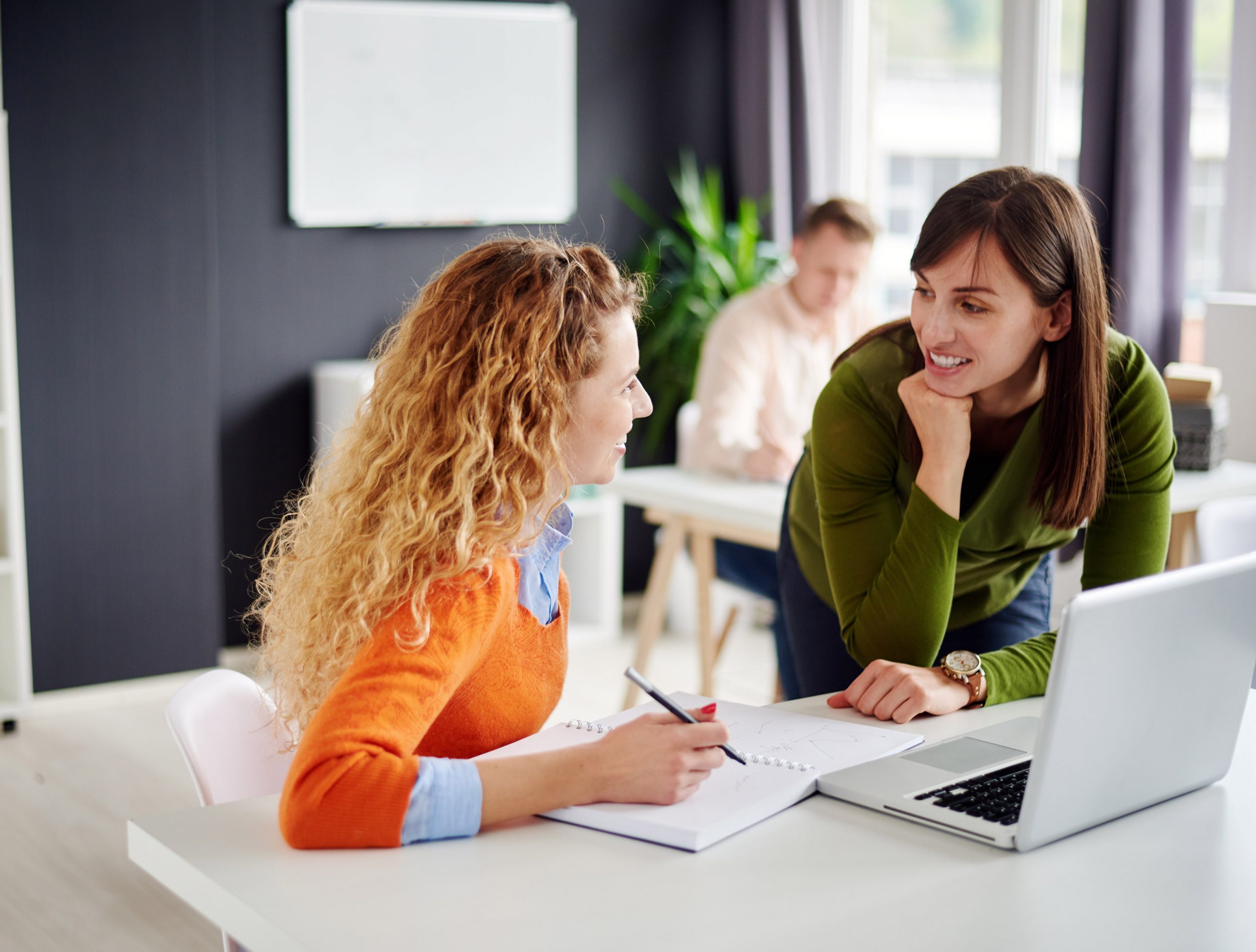 Two Women discussing over a laptop with a notebook